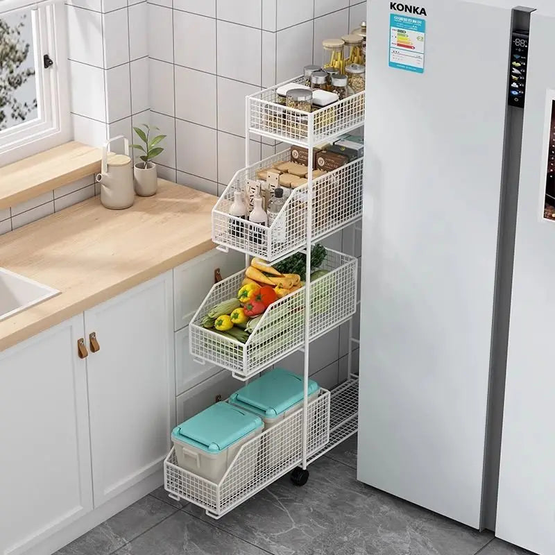 Multifunctional Movable Household Kitchen Rack Floor Trolley with Multi-Layer Metal Vegetable Basket & Toy Storage Artifact