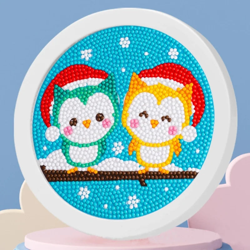 Christmas Printed Framed Cartoon Owl DIY Diamond Puzzle Kit with Plastic Beads and Wooden Frame for Kids