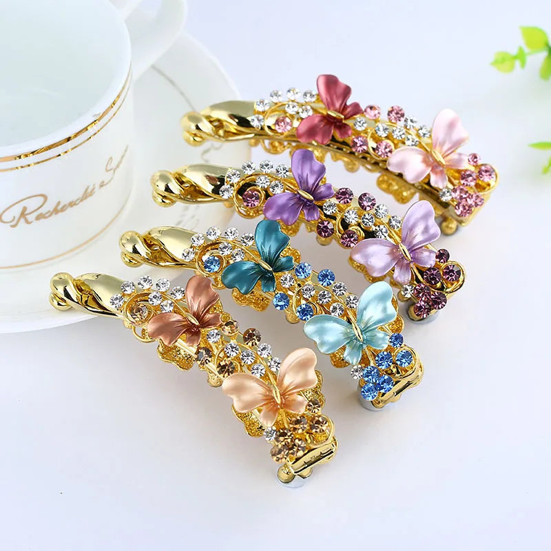 Women Elegant Banana Hair Claw Clip Ponytail Holder Butterfly Flower Crystal Hairpin Rhinestone Diamond Banana Hair Clip