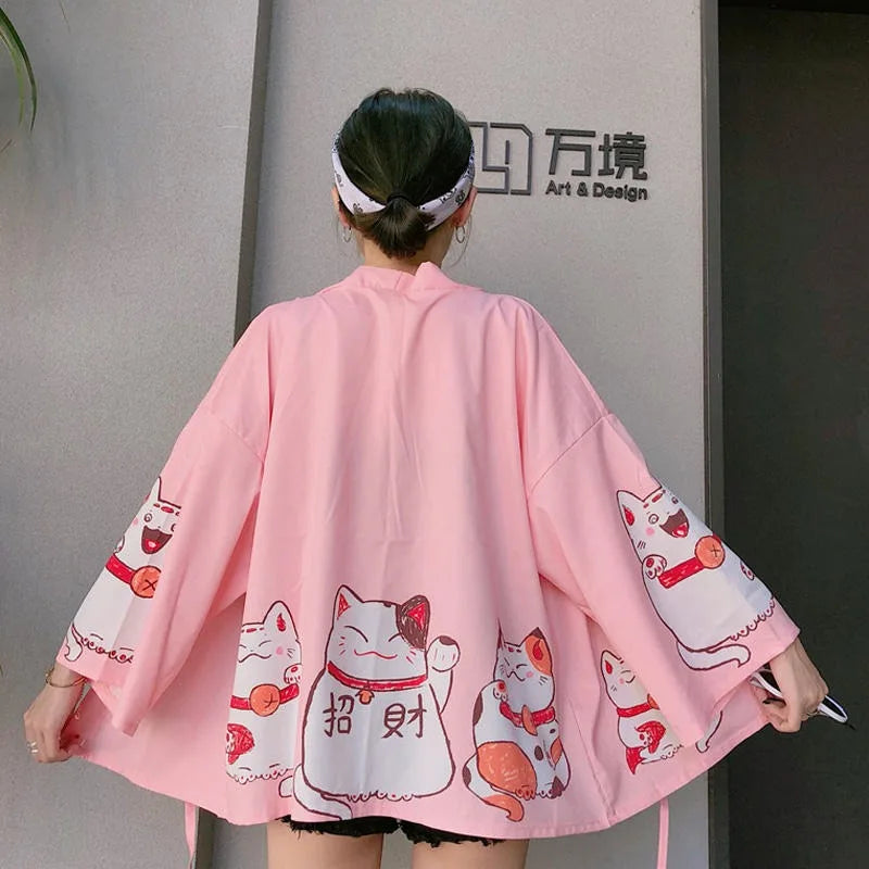 Japanese Anime Cat Print Cardigan Kimono for Women Spring Summer Loose Fit Wide Sleeve Breathable Outerwear Pink Blouse