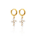 Gorgeous 18k Gold Plated Pearl Insert Cross Shape Stainless Steel Women Trendy Religious Baroque Pearl Cross Hoop Earrings Gift