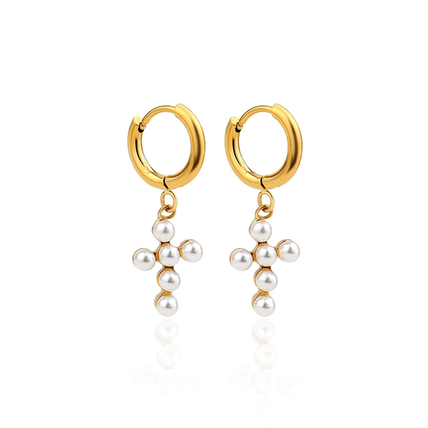 Gorgeous 18k Gold Plated Pearl Insert Cross Shape Stainless Steel Women Trendy Religious Baroque Pearl Cross Hoop Earrings Gift