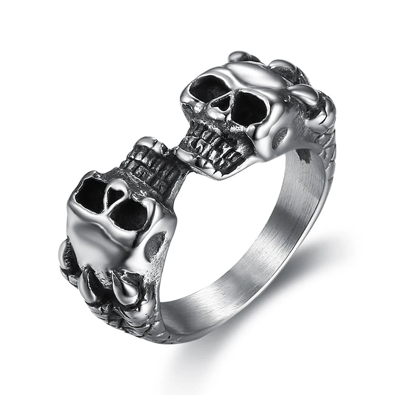 Fashionable Gothic Punk Ladies Biker Jewelry Vintage Gothic Double Skull Rings for Women Ladies Size 6-12