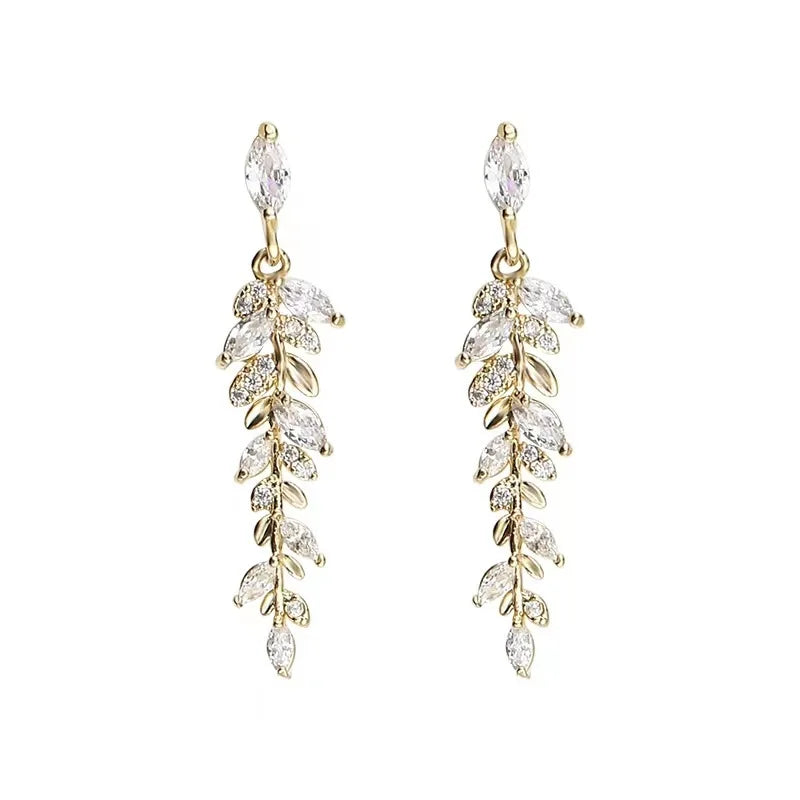 Exaggerated Long Crystal CZ Leaves Dangling Earrings Micro Pave Cubic Zirconia Leaf Dangle Earrings