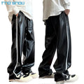 New Fashion Vintage Street Style Baggy High Waist Straight Stripe Pattern Sporty Drawstring Pockets Casual Leather Pants Men