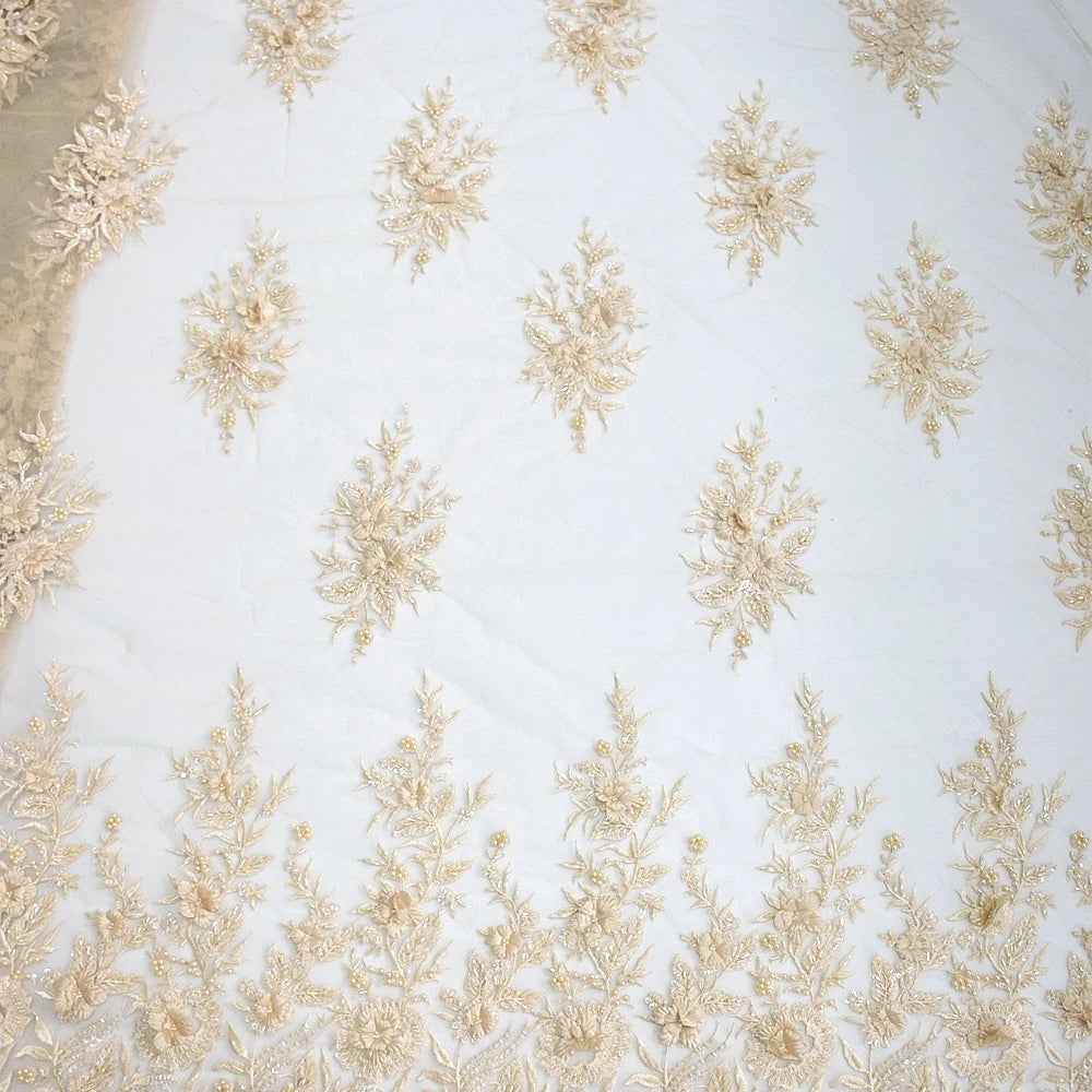 HY0624 Hot Pearls Lace African Hand 3d Laces Fabric Flowers Embroidered Beaded Tulle With Sequin Wedding Dress