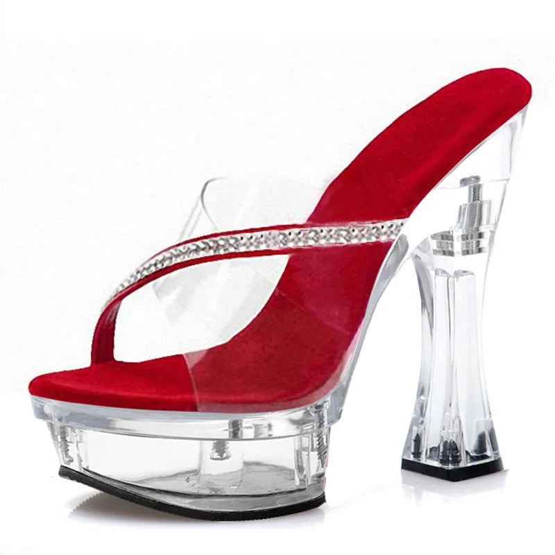 Bride 14cm Open Toe Strip Catwalk Clear Pole Dance Rhinestone Coarse Heel Platform Slippers Big Size Fashion Exotic Dancer Women