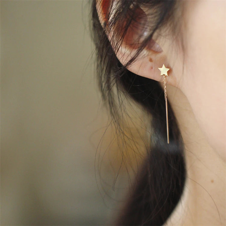 Plain Silver Minimalist Women Jewelry Silver Long Chain Star Earrings