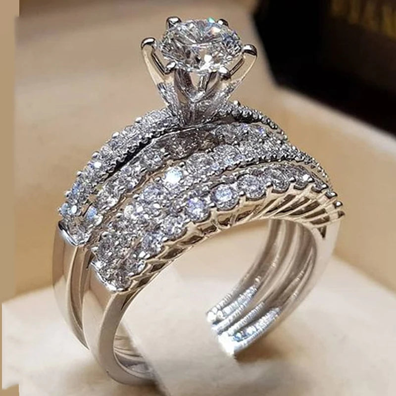 CAOSHI Accept Custom Silver Plated Copper Top Quality Luxury 2pcs/set Emerald Cut Zircon Imitate Moissanite Wedding Ring Set