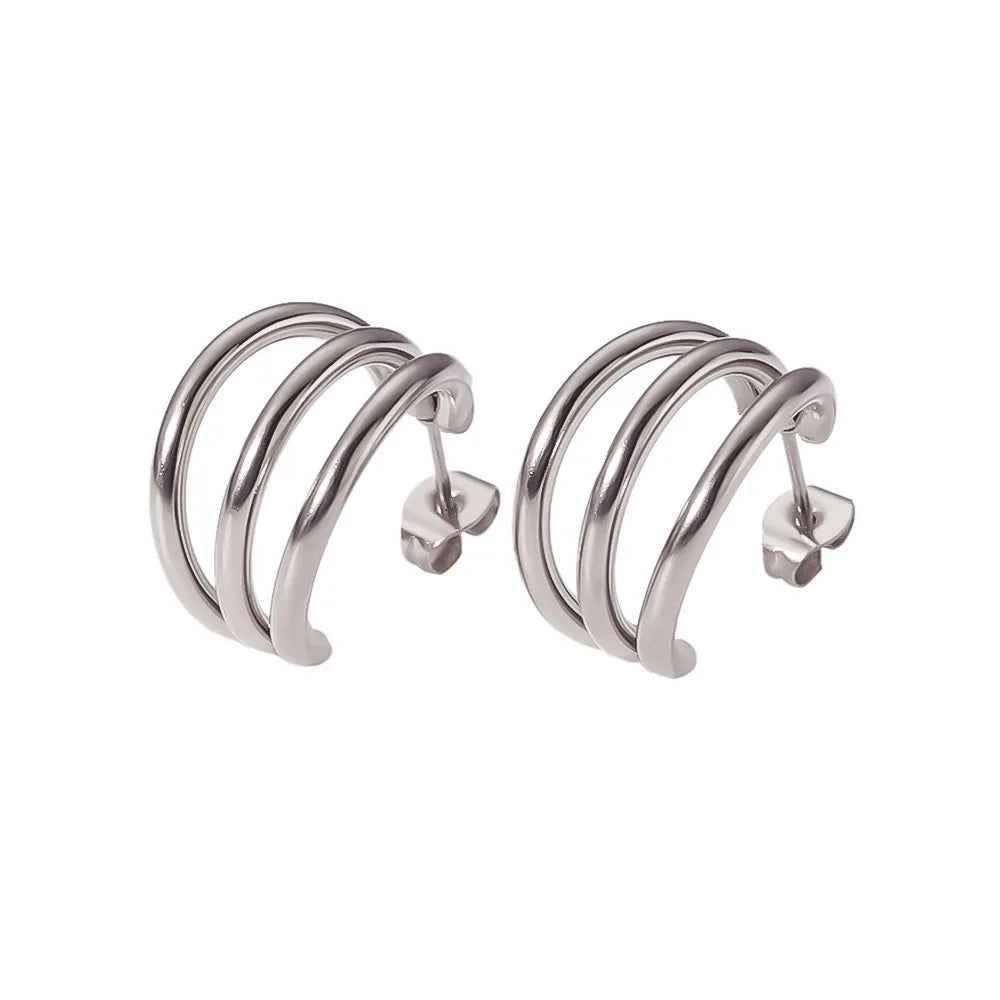 Fashion Classic Vintage Stainless Steel 18k Gold Hoop C Tripple Earrings for Women