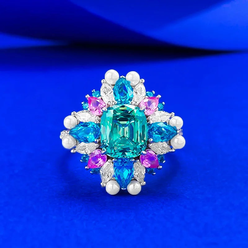 925 Sterling Silver 5A Multi Color Zirconia Ring Iced Out Baguette Cubic Zirconia Pearl Rings Fine Jewelry