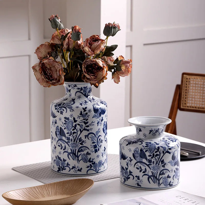Jingdezhen Blue & White Porcelain Vase - Retro Peony Design for Living Room Flower Arrangement