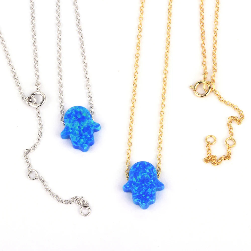 Colorful Hand Hamsa Pendant Necklace Synthetic Fire Opal Stone 11x13mm Jewelry 925 Silver Link Chain 16 Inches