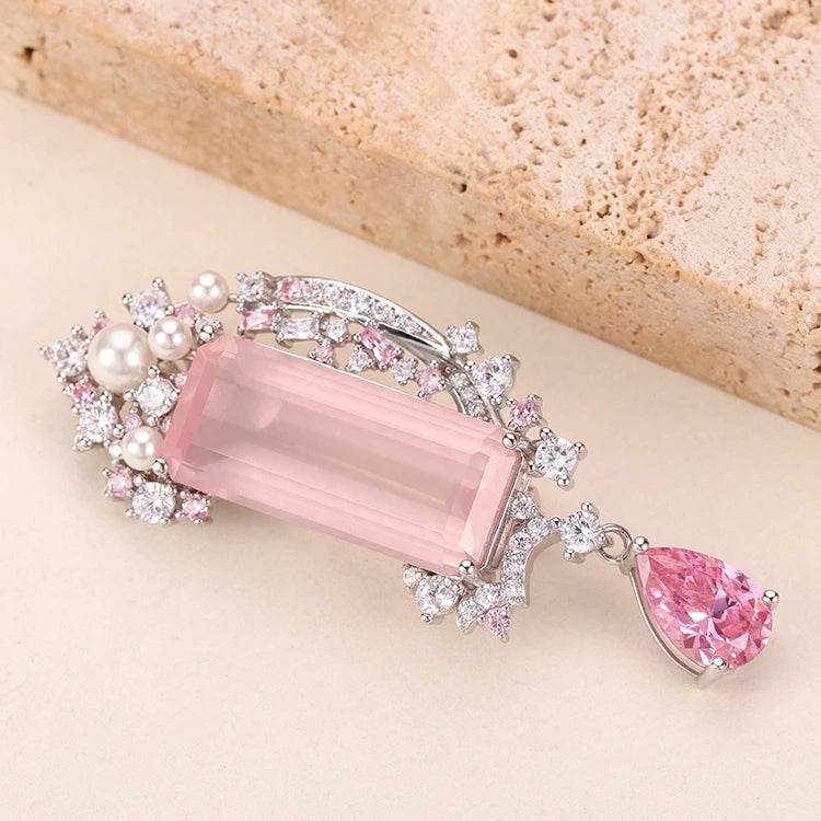 C9402 Emerald Cut 12x27mm Rose Quartz Big Multi-Colored Stone Brooches Elegant Woman 925 Sterling Silver Rose Quartz Brooch