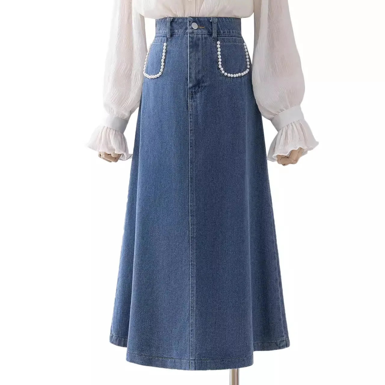 S-XL Denim Skirt High Waisted studded Mid Length A-line Skirt