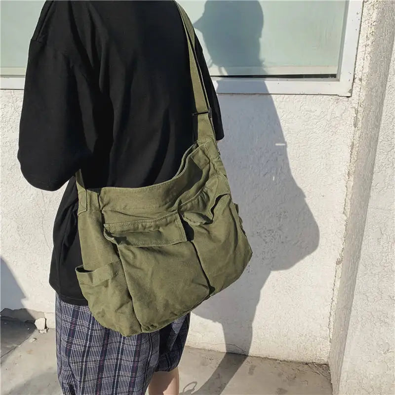 Unisex Single Shoulder Crossbody Bag Students Classroom Canvas Bag Street Large-capacity Literary Leisure Bag