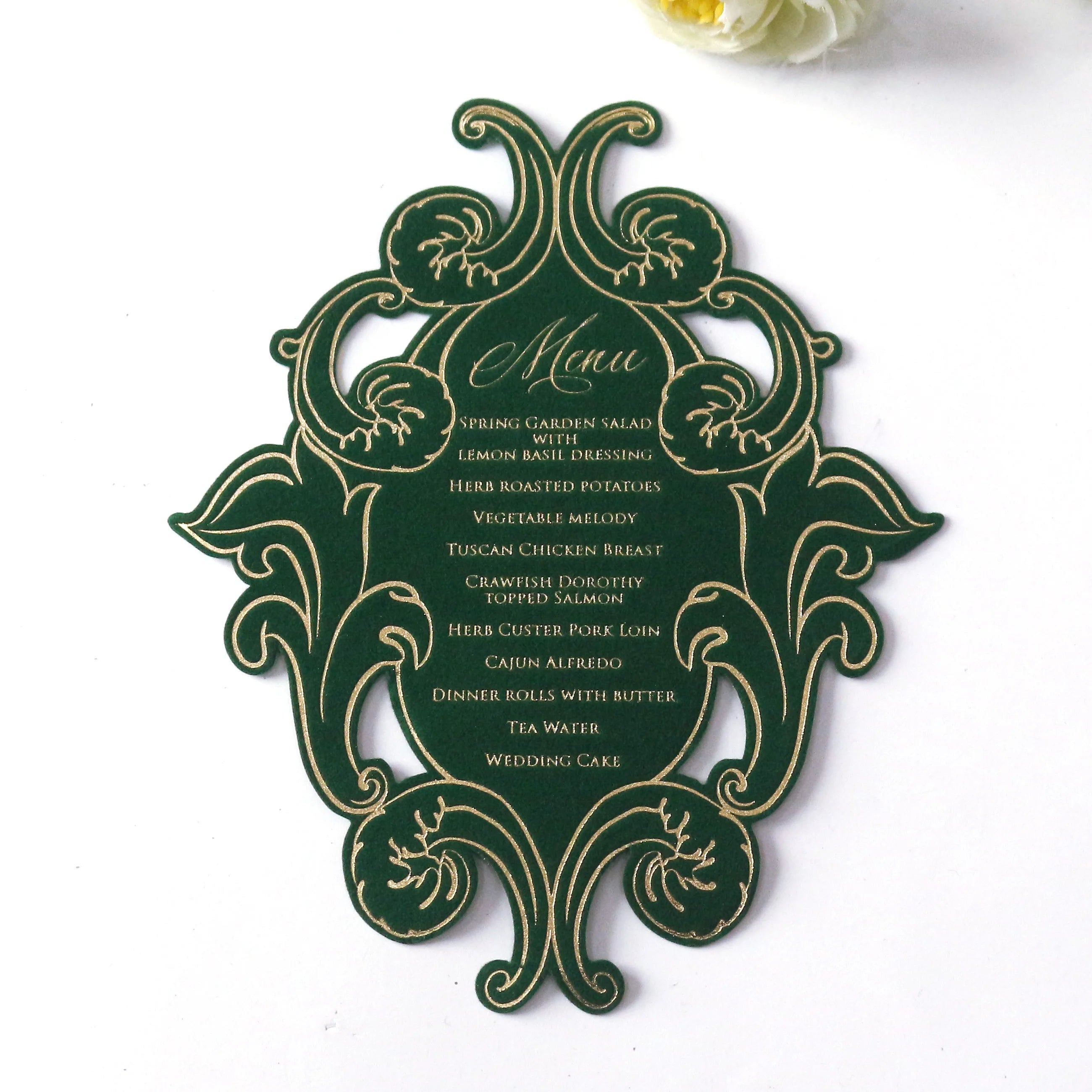 Personalized Logo Design Velvet Party Menus Creative Shape Gold Foil Restaurant Food Wedding Dinner Velvet Menu Cards