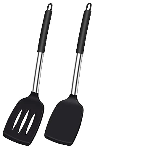 Non-Stick Pan Set Stainless Steel Handle Heat Resistant Bpa-freeBlack Silicone Spatula Hollow Handle Silicone Cooking Shovel