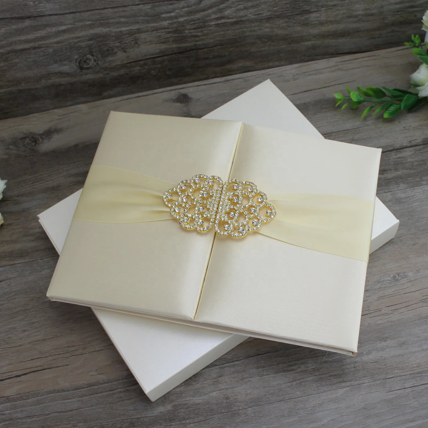Gatefold Silk Hardcover Ivory Lace Wedding Invitation with Diamond Buckle