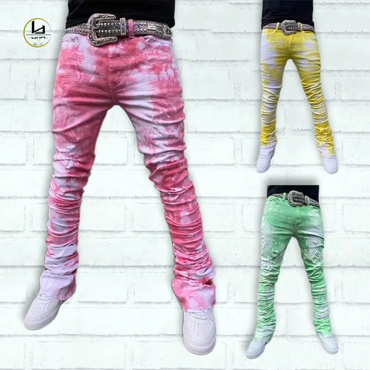 Streetwear Fashion Raw Hem Distressed Jeans Custom Color Jeans Men Tie Dyed Jeans Straight