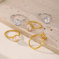 Stainless Steel Elliptical Cubic Zirconia Classic Wedding Engagement Ring Gold Silver Plated for Women Minimalist Jewelry