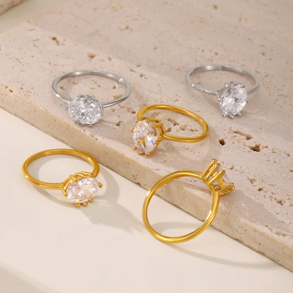 Stainless Steel Elliptical Cubic Zirconia Classic Wedding Engagement Ring Gold Silver Plated for Women Minimalist Jewelry