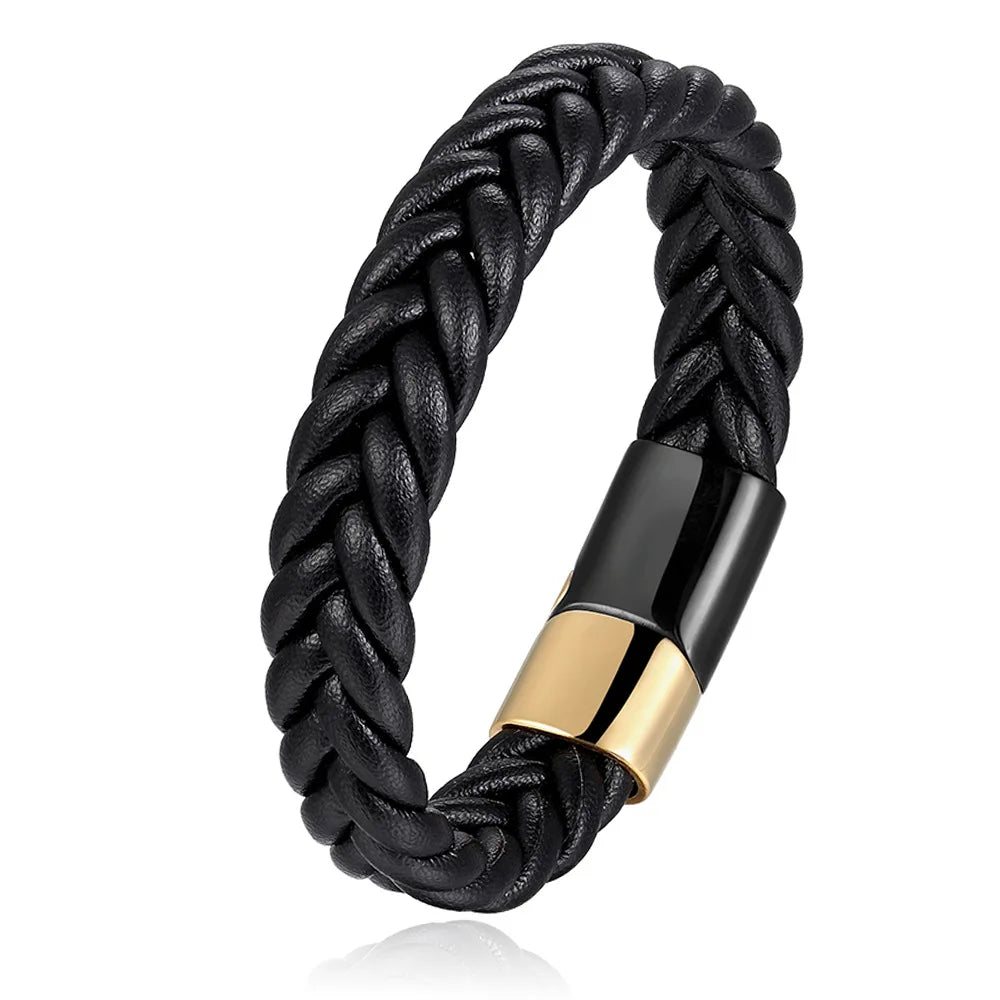 Luxury Jewelry Genuine Leather Braided Woven Men Bracelet Custoimized Logo Stainless Steel Magnetic Buckle