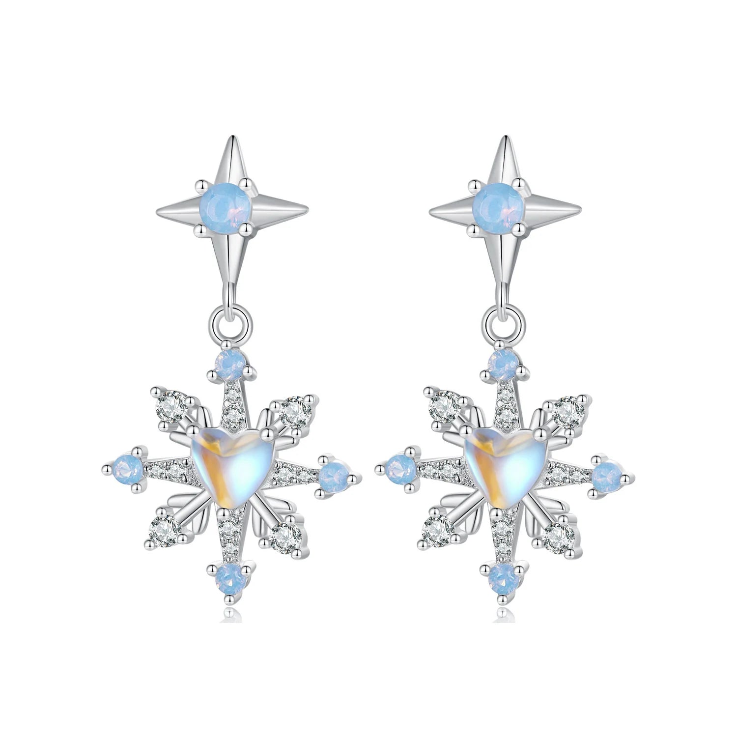 Bamoer 925 Sterling Silver Snowflake Stud Earrings Heart Shape Opal Earrings for Women Delicate Fine Jewelry Gift BSE929
