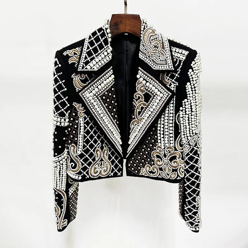 OUDINA New Fashion Vintage Embroidery Beading Diamond Women's Suit Jackets Autumn Casual Ladies Blazer