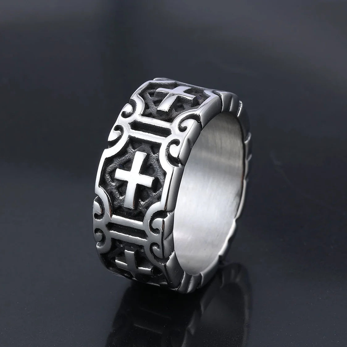 Retro Latin Cross Rings Stainless Steel Christian Symbol Crux Ordinaria Jesus Christ Crucified Band Rings for Men Women