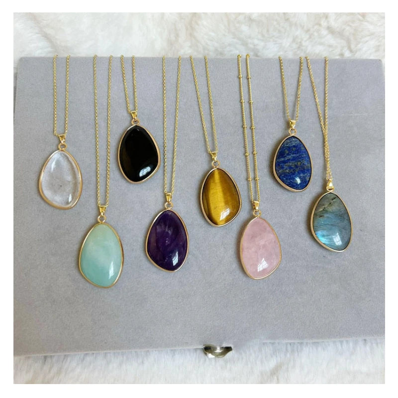 Irregular Natural Agate Tiger Eye Crystal Stone Pendant Necklace Women Healing Gemstone Beaded Chain Rose Quartz Necklace