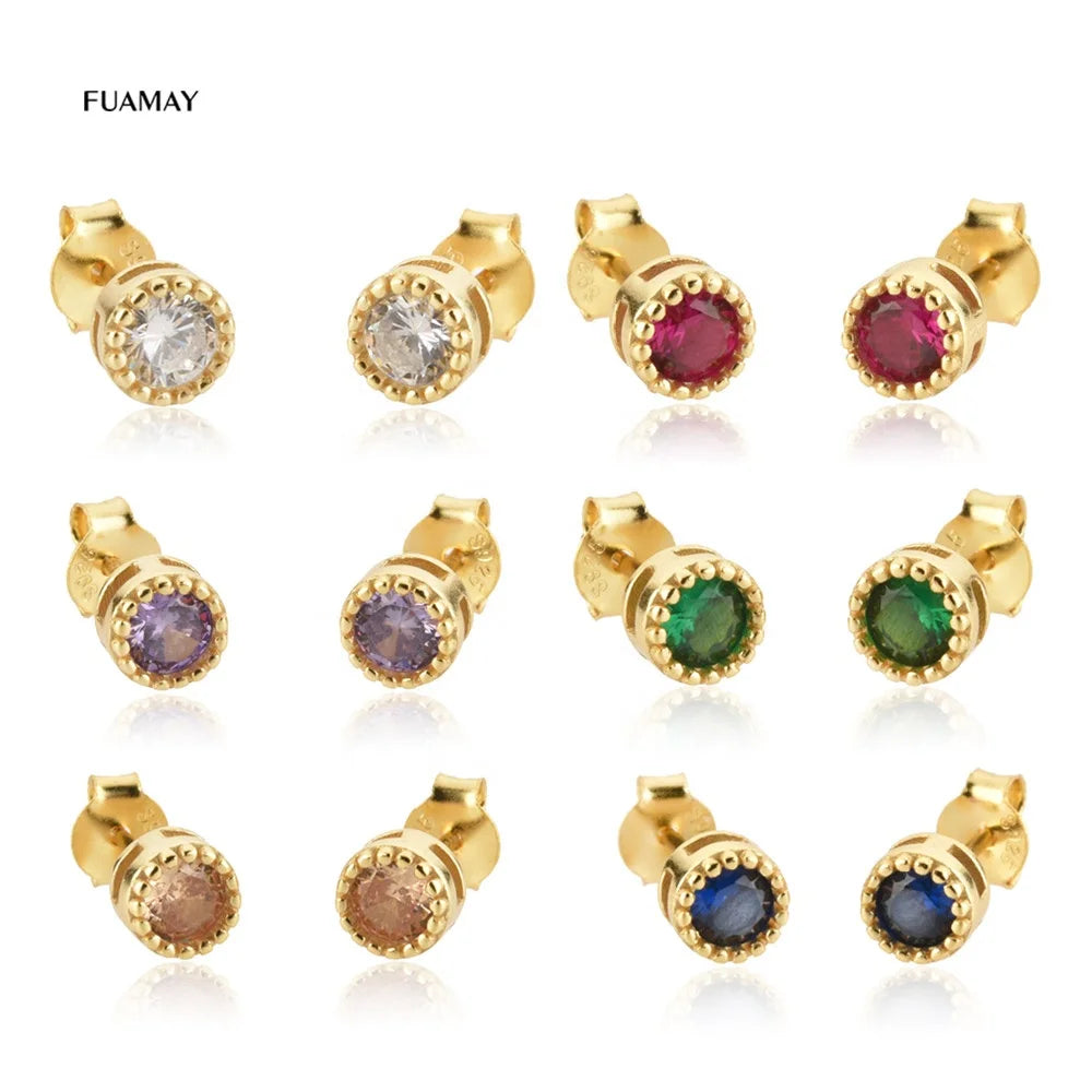FUAMAY S925 925 Silver Earrings Emerald Cut CZ Diamond Studs Pink Blue Green Gold Plated Bezel Setting Beautiful Colorful Studs