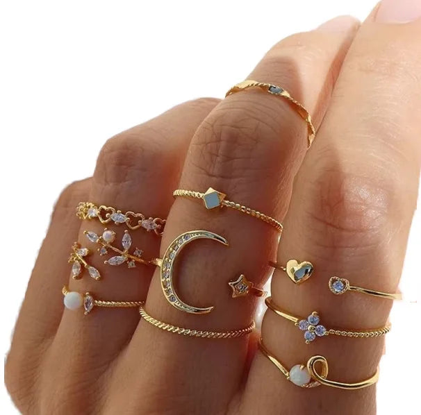 VKME Women's Bohemian Vintage Gold Jewelry Set Luxury Crystal Rhinestone Stars Moon Wedding Festival Ring