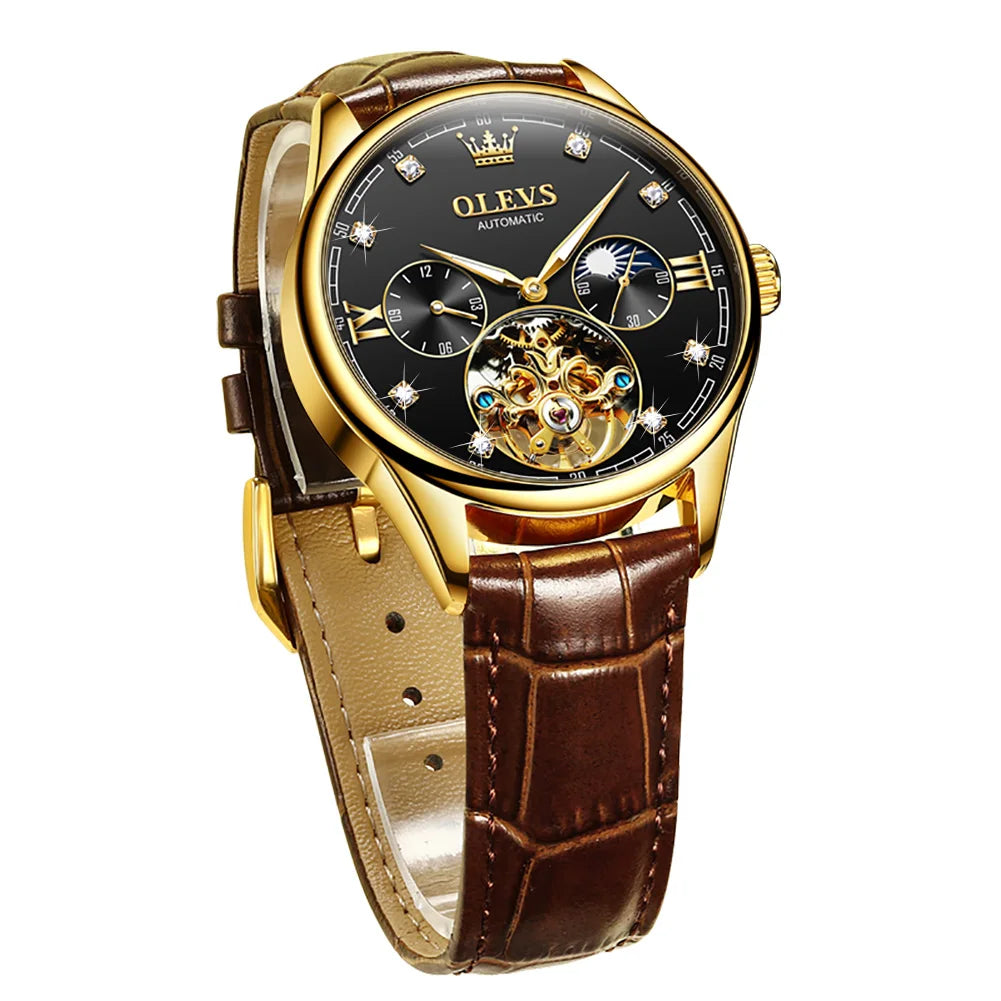 OLEVS 3601 Tourbillon Skeleton Luxury Business Moon Phase  Calendar Leather Luminous Waterproof Men's Automatic Mechanical Watch