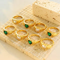 Women's Retro Luxury Gold Plated Heart Shaped Ring Unique Stainless Steel & Glass Stone Classic Style Waterproof Jewelry