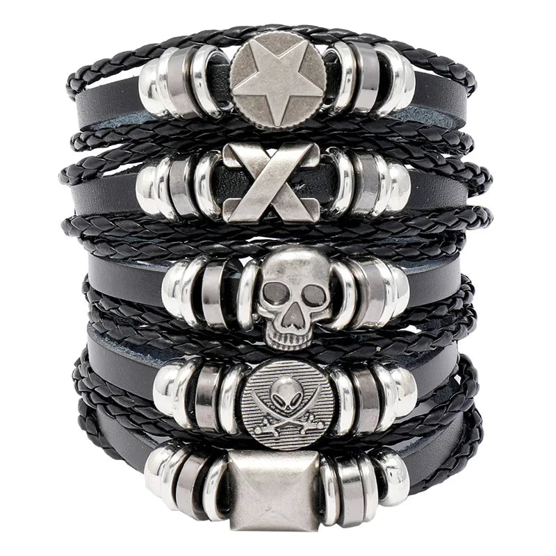 European and American New Accessories Punk Skull Hip-hop Trend Adjustable Rock Beads Men's Leather Bracelet