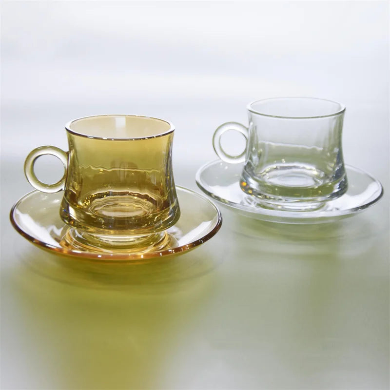 Solhui Coffee Cup Afternoon Tea Cup Saucer Set Small Glass Flower Tea Cup 155ml