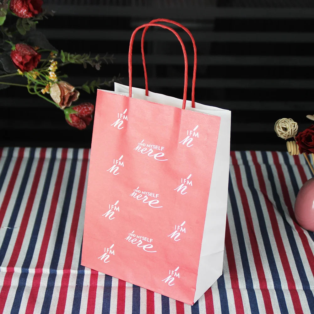 Custom Print logo Clothing Cake Bread Wrap Takeaway Carry Packaging Kraft Paper Bag with Handle