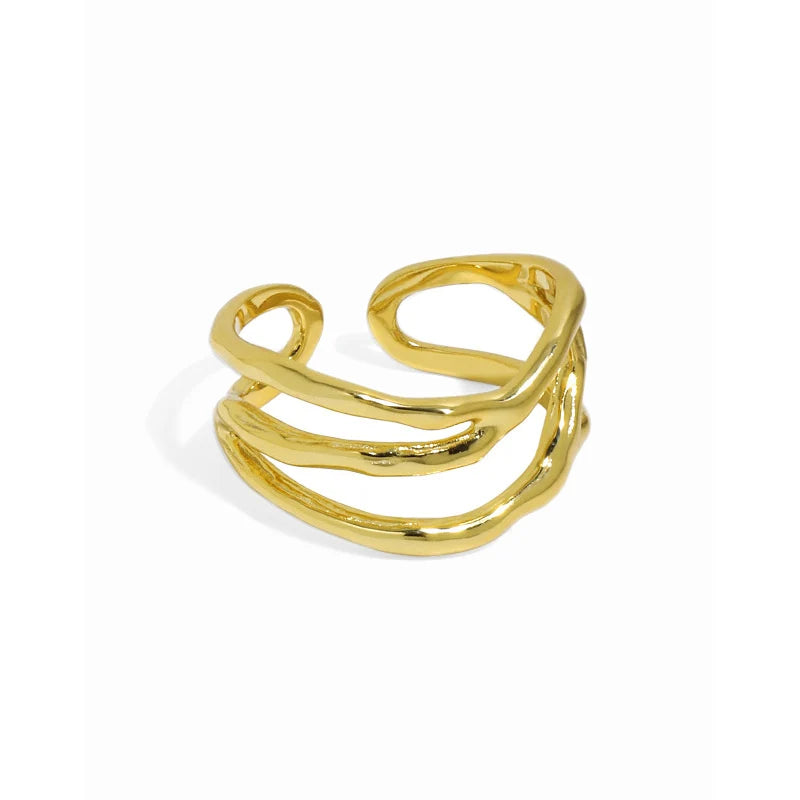 925 Sterling Silver Charming Irregular High Polish Triple Wave Rings Gold Open Rings Jewelry for Women Party Gifts