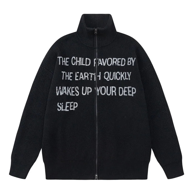 2024 Custom Logo Casual Letter Knit Turtleneck Jacquard Knitwear Cardigan Sweater Men