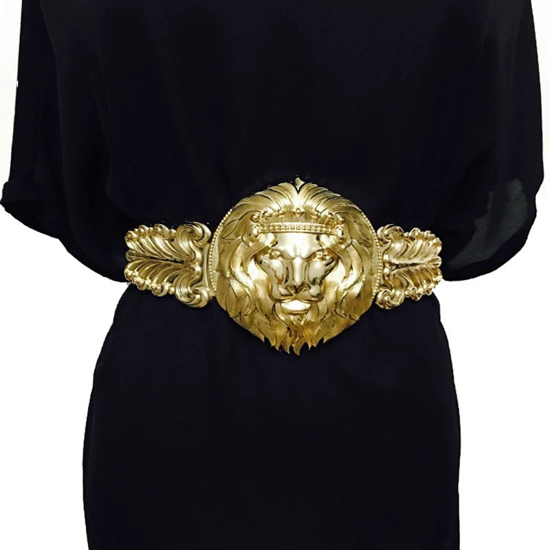 Gold Lion Head Women Elastic BeltsEurope Explosion Carved Wide Elastic Belts