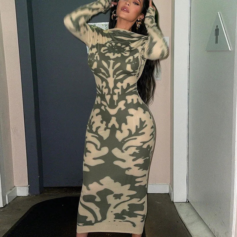 Update Colors Printed O Neck Dresses for Ladies 2025 Long Sleeve Backless Midi Dress