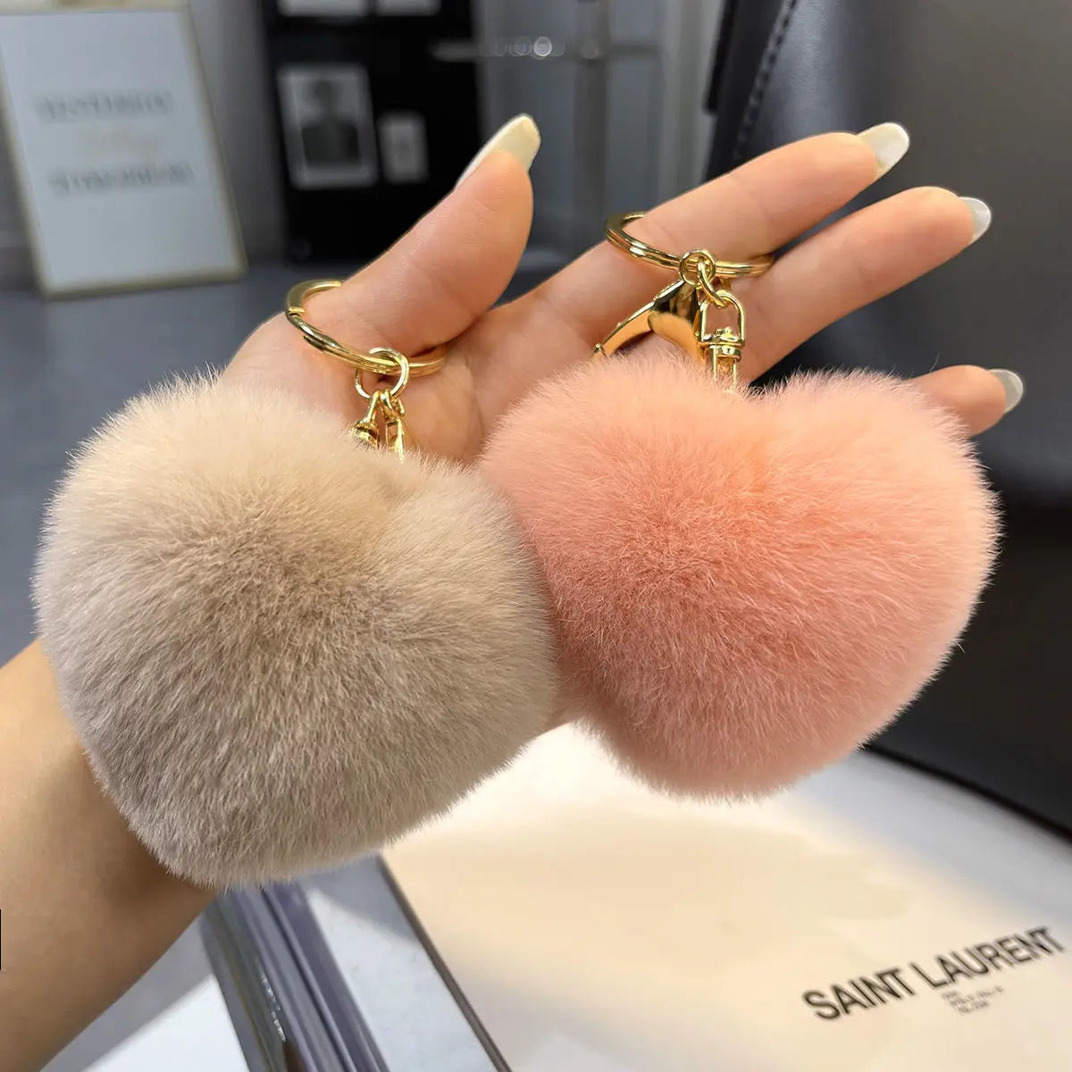 Blue Heart Keychain Custom Rex Rabbit Hair Pompom Keychain Plush Keychain