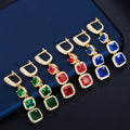Classic 18k Yellow Gold Filled Square Cut Blue Green Cubic Zircon Crystal Women Long Dangling Drop Huggie Earrings