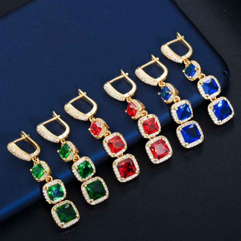 Classic 18k Yellow Gold Filled Square Cut Blue Green Cubic Zircon Crystal Women Long Dangling Drop Huggie Earrings