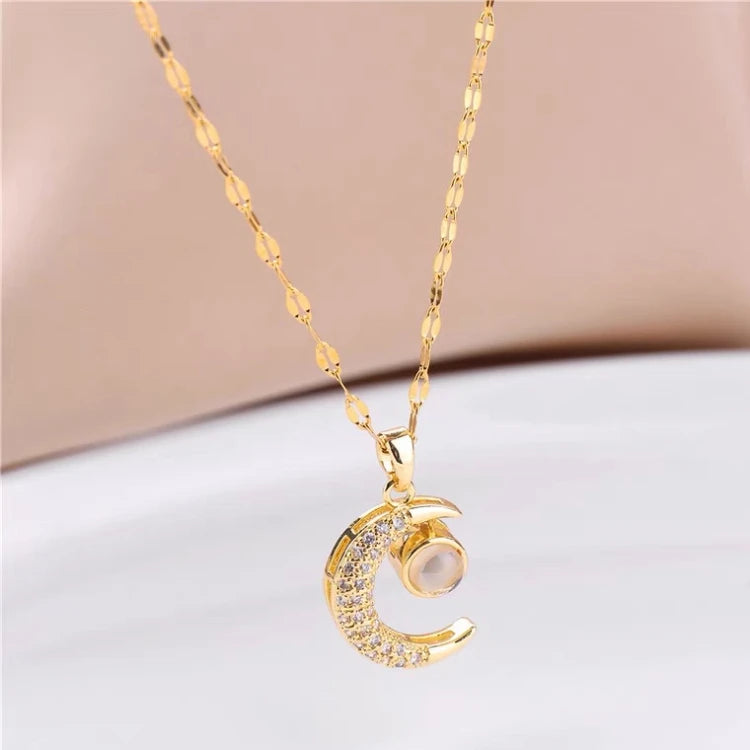 G2115 INS Romantic 100 Languages I Love You Jewelry Stainless Steel Chain RhinestoneHalf Moon Pendant Necklace