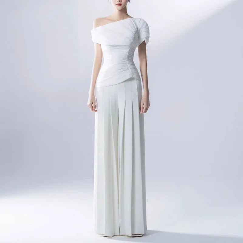 Boutique Wholesale 2025 Autumn New Fashion Temperament Pleated Design T-shirt High Waist Straight Leg Wide Leg Pants Women's Set