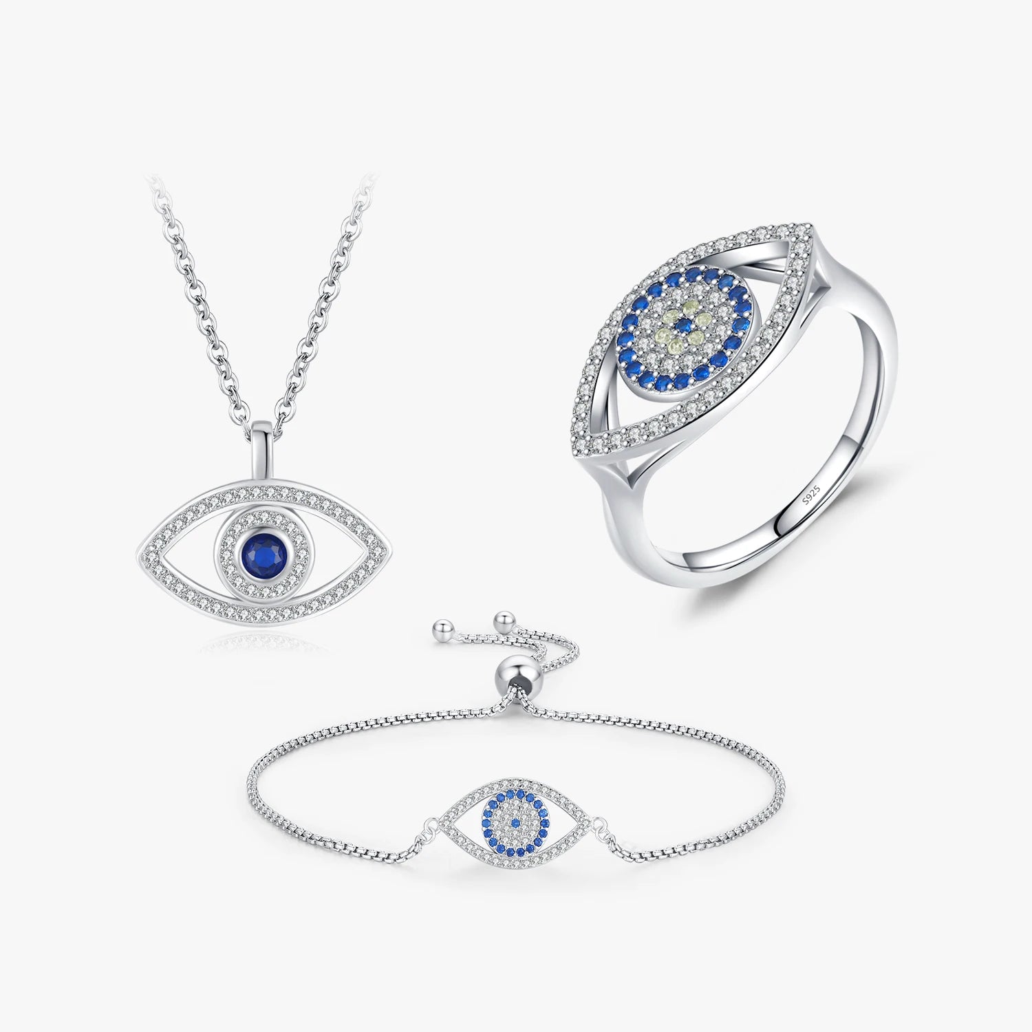 Charm Bracelets Luxury Rings Necklace for Women Fine Jewelry 925 Sterling Silver Vintage Blue Evil Eyes Jewelry Sets