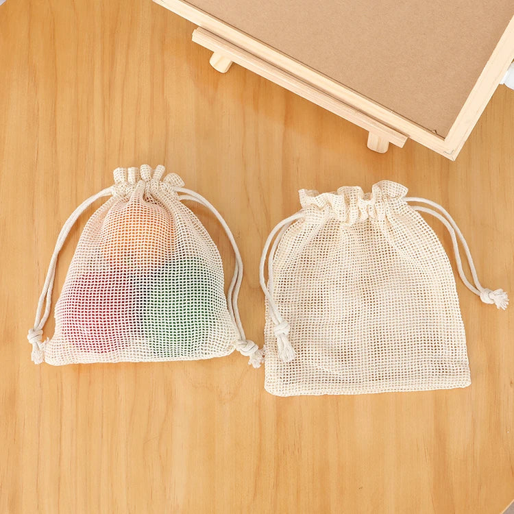 Recyclable Reusable Small Cotton Fabric Produce Mesh Drawstring Bags With Customized Logo