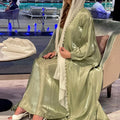 New Arrival Muslim Women 2 Piece Front Pearl Islamic Clothing Light Shiny Satin Silk Abaya With Inner Slip Dress Set